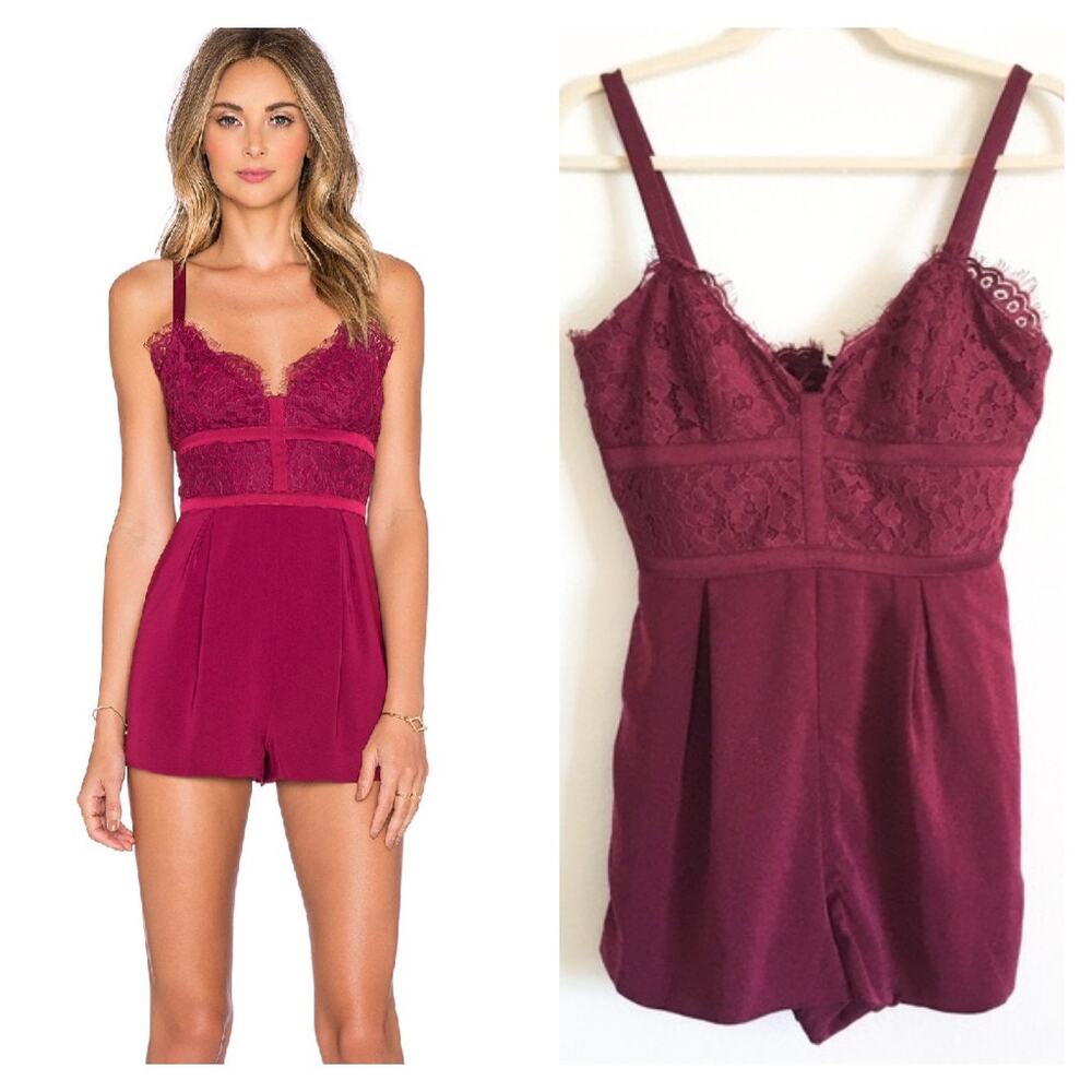 Keepsake The Label Maroon Interlude Lace Sleeveless Romper Pockets S